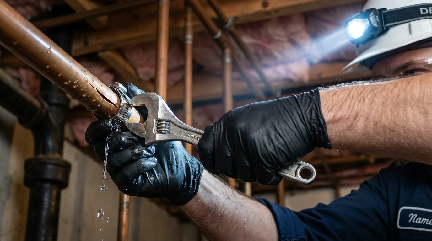 Emergency pipe clamp repair being performed by a Johns Plumbing LLC plumber in Butler