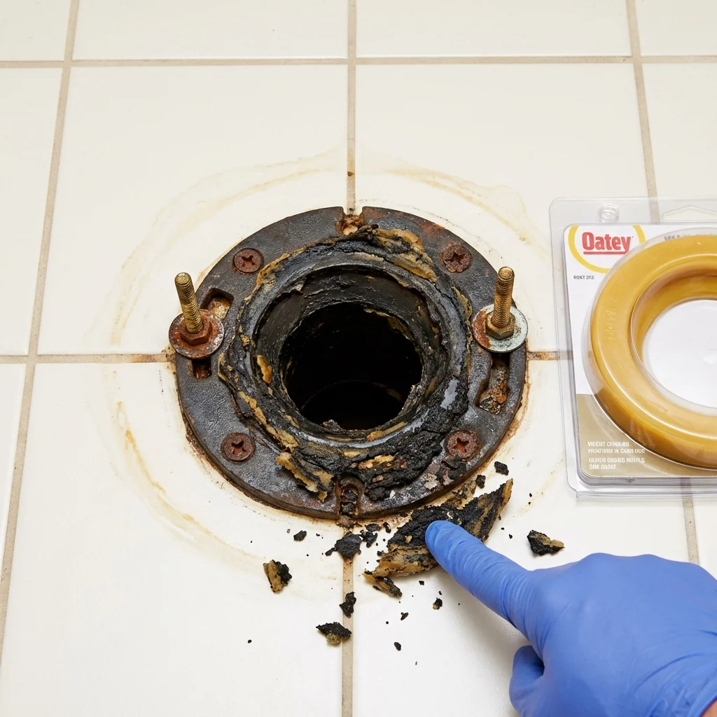 Failed wax ring showing water seepage at the base of a toilet in a Butler, NJ home