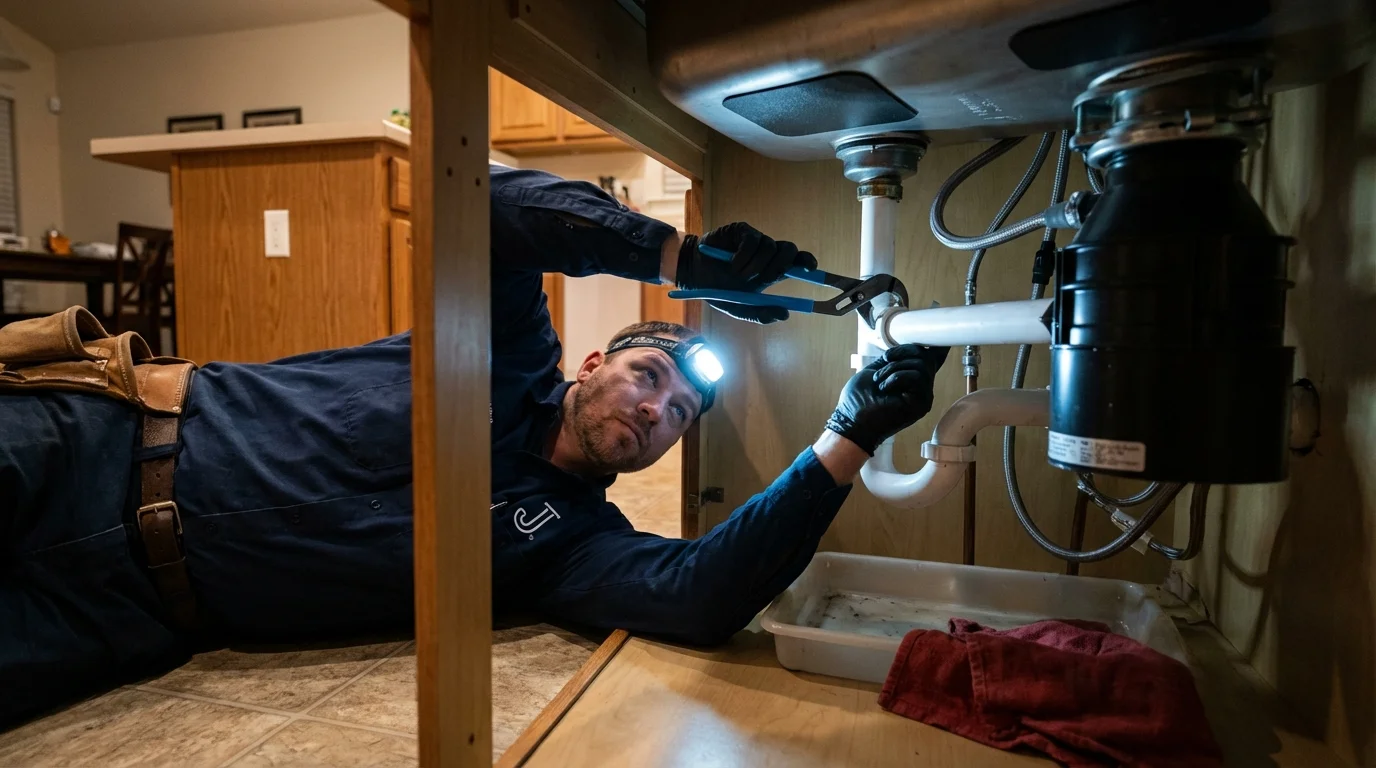 P-trap and supply line connections under a kitchen sink showing a common leak point in Butler, NJ